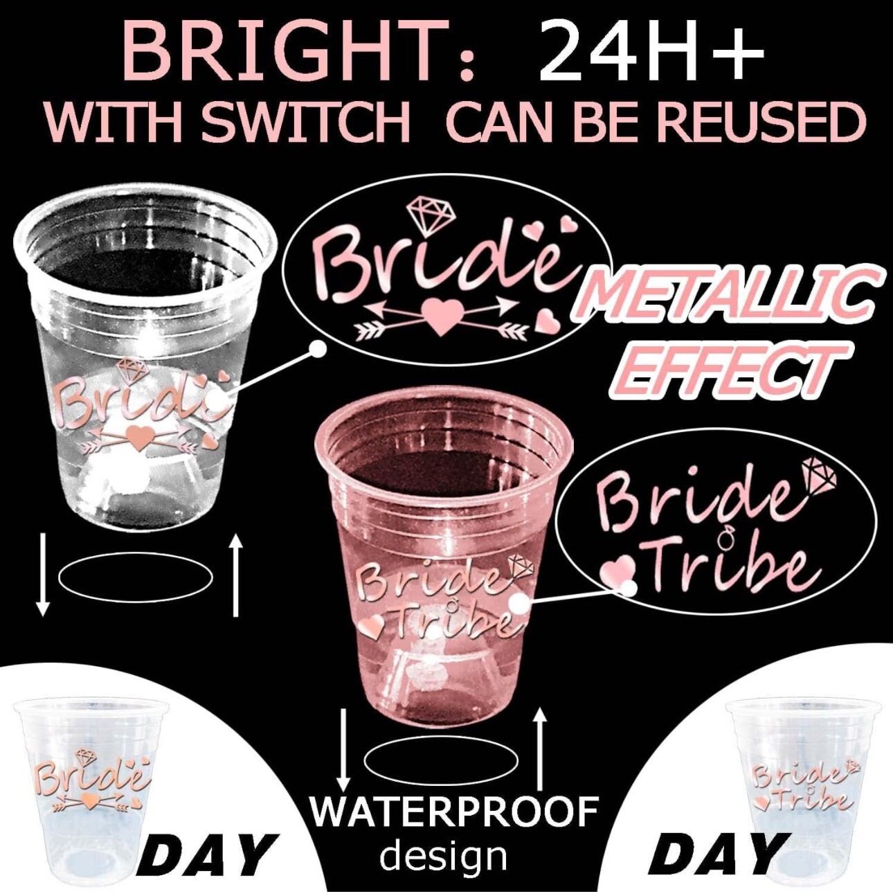 22 Pcs Bachelorette Party Decor Glow Clear Cups For Bride And Team 16OZ w/Lights