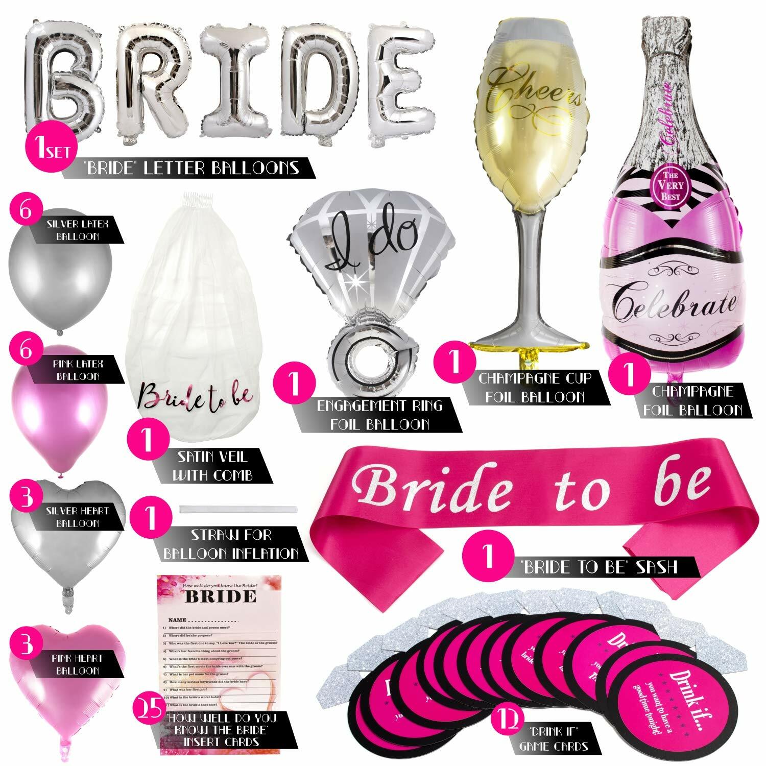 Bachelorette Party Decorations Kit Bridal Shower Games Sash Veil Balloons