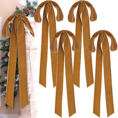 Pcs Velvet Christmas Bows, 23.5 x 8.7 Inches, Rustic Classic Style 4 Khaki