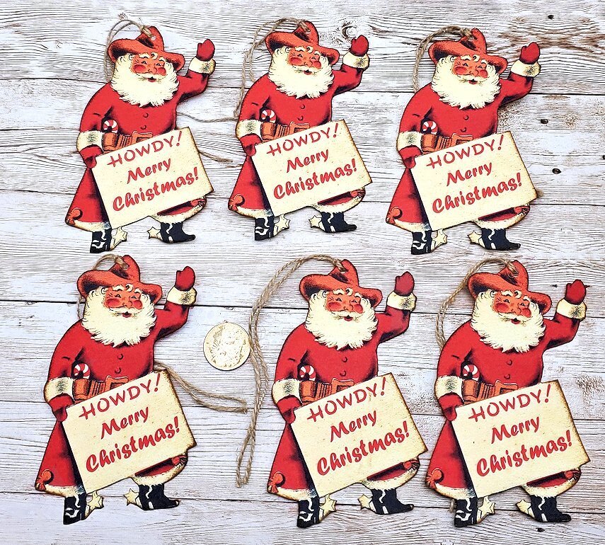 6-Christmas-Farmhouse-Western-Cowboy-Santa-Fussy Cut-Linen Cardstock-Ornaments