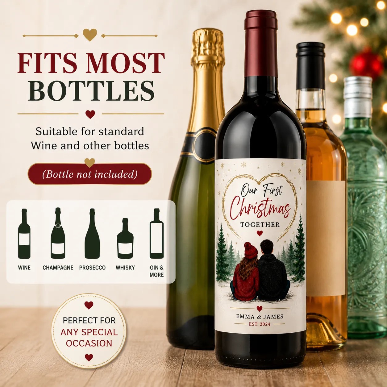 Personalised First Christmas Together Bottle Label Sticker Custom Wine Gift