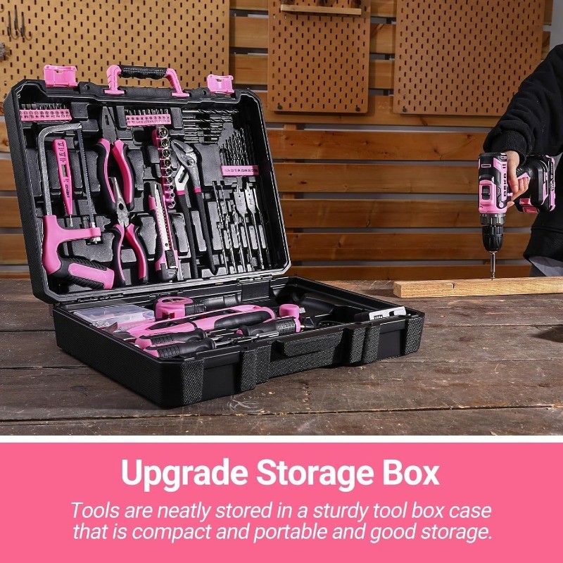 Pink Drill Tool Kit Set: 20V Cordless Power Drill Tool Box with Battery