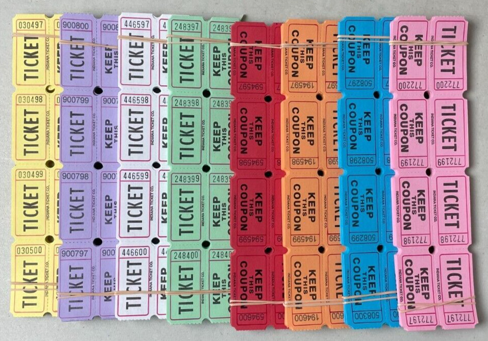 800 Raffle Tickets 50/50 Double Stub 100 of each color listed Carnival Festival