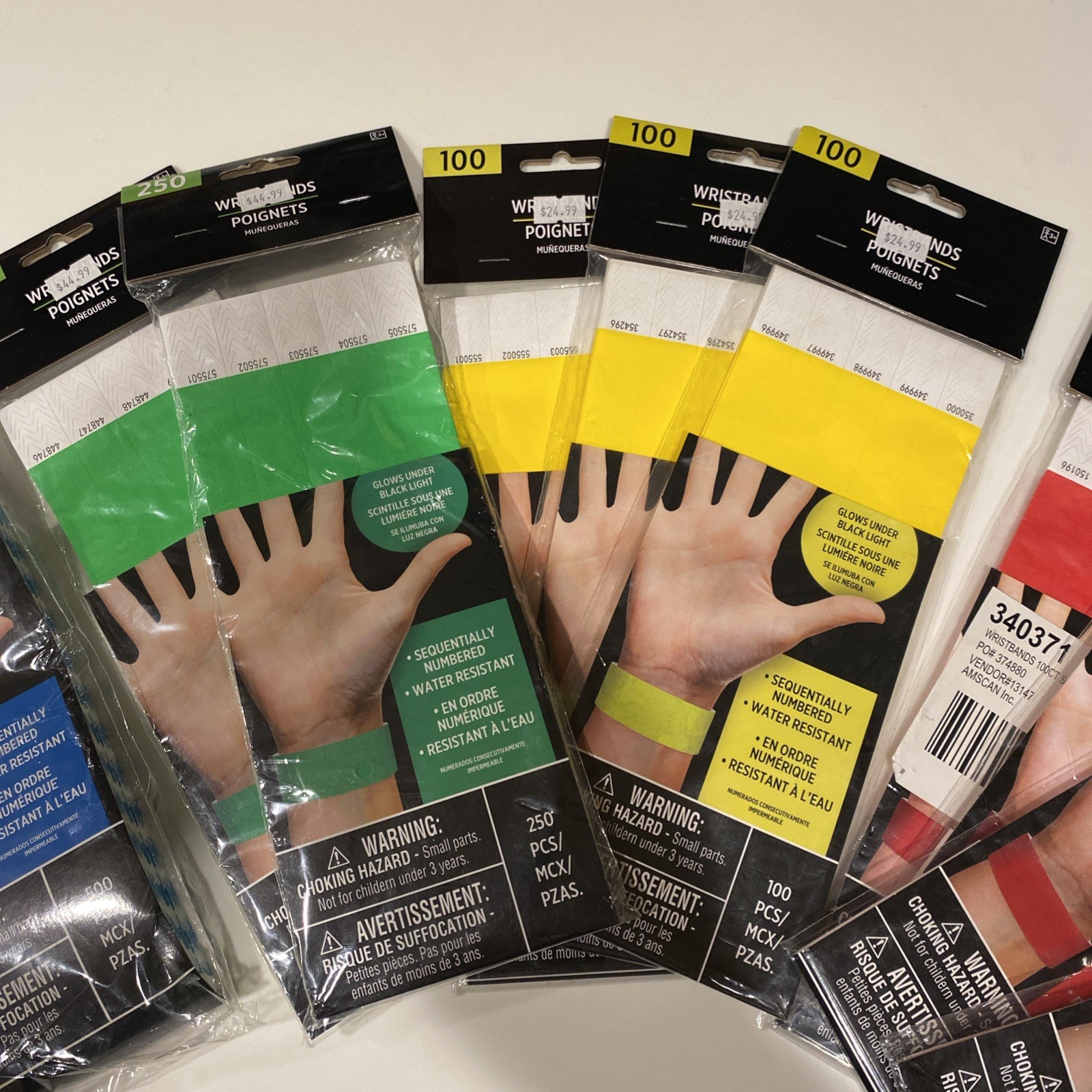 Amscan Tyvek Wristbands 2300 Count Assorted Colors Solid & Chevron Numbered New
