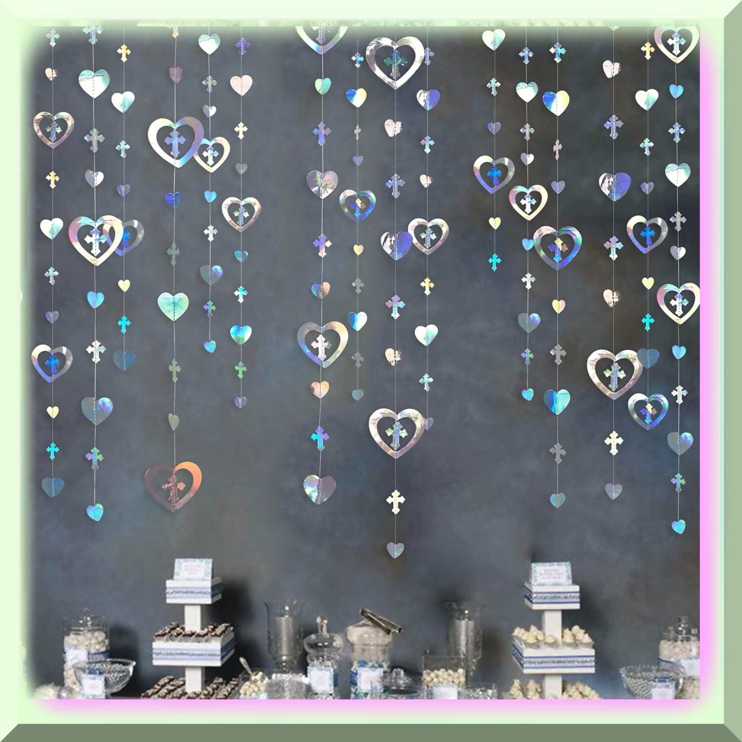 Iridescent Cross Heart Garland 40ft for Holy Occasions