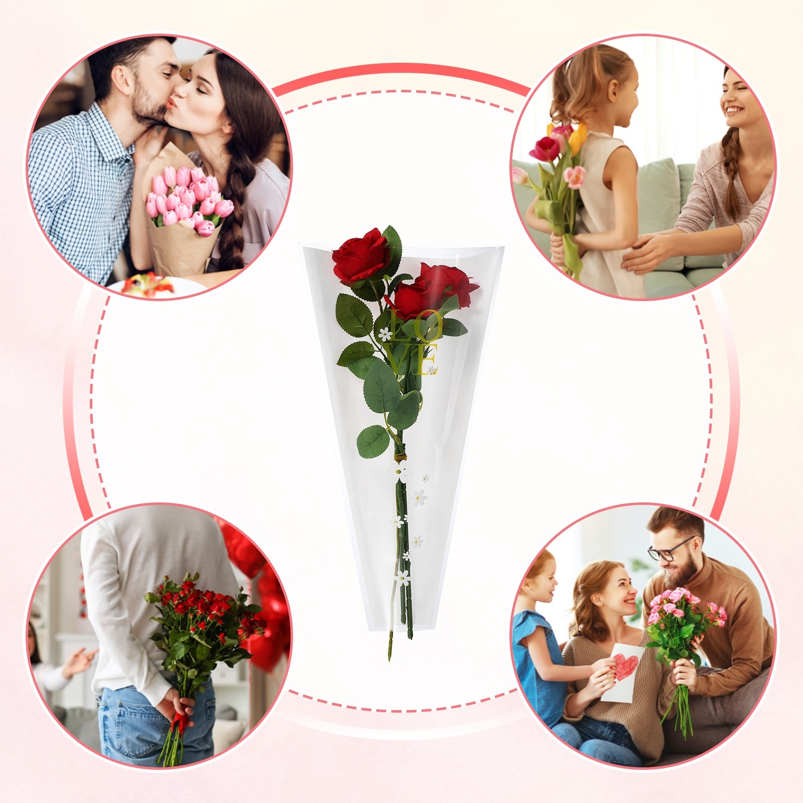 150 Pcs Plastic Rose Floral Bouquet Bags 17.7″ Flower Sleeves Bags, White