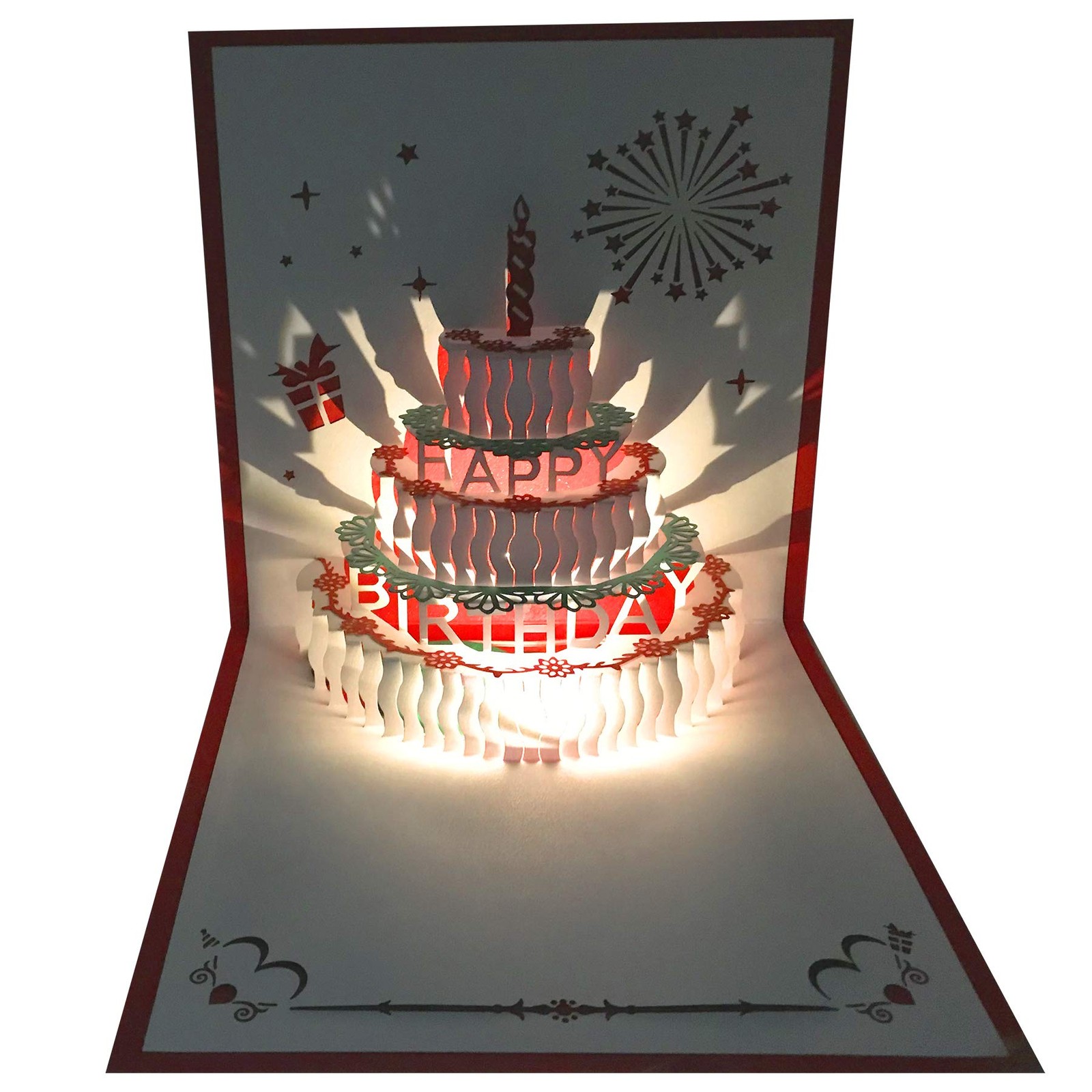 Akeydeco 3D Pop Up Birthday 5.9 inches by inches, red card Warm light
