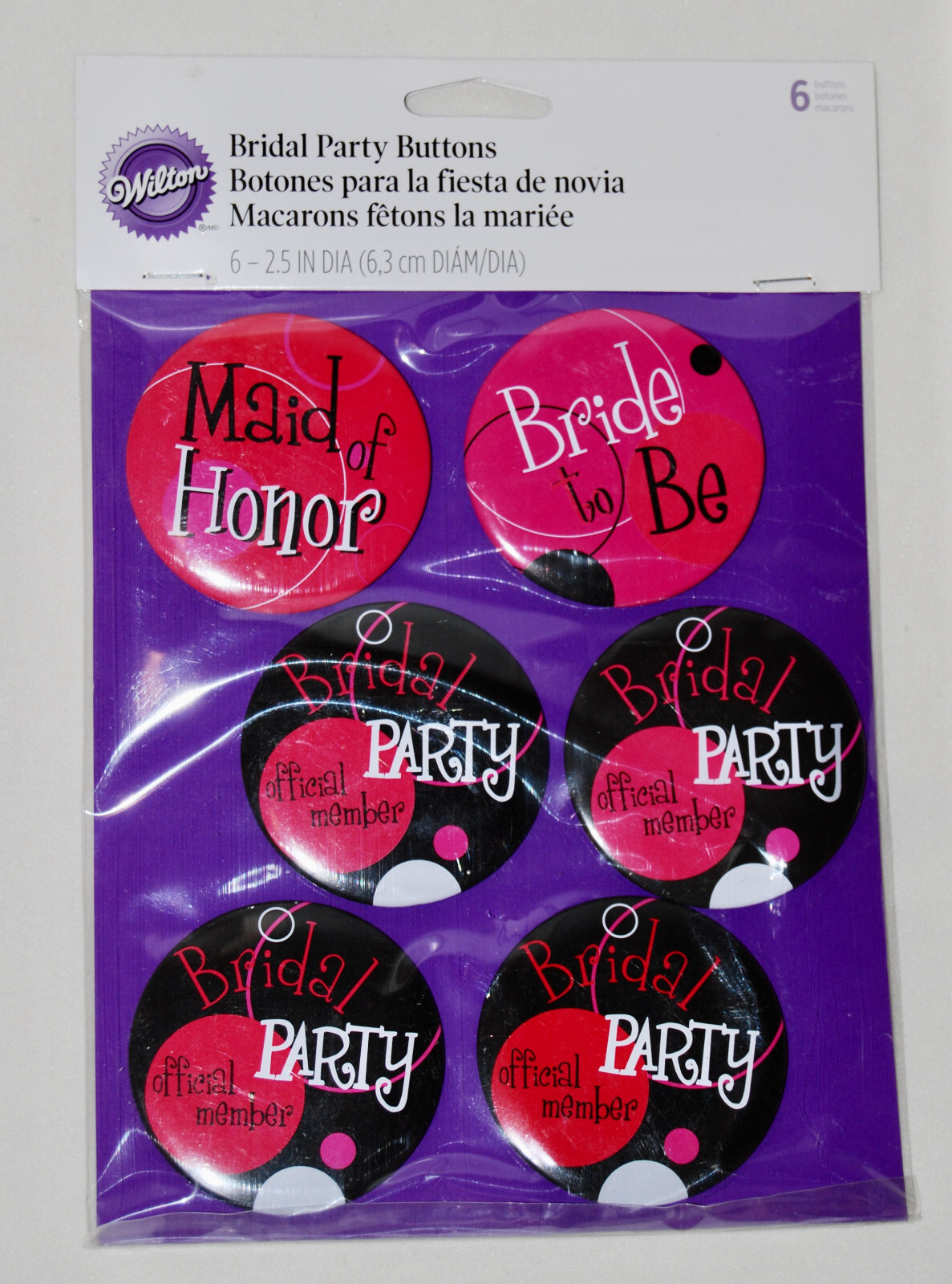 New Wilton 6-Pc Pink and Black Bachelorette Bridal Party Button Set