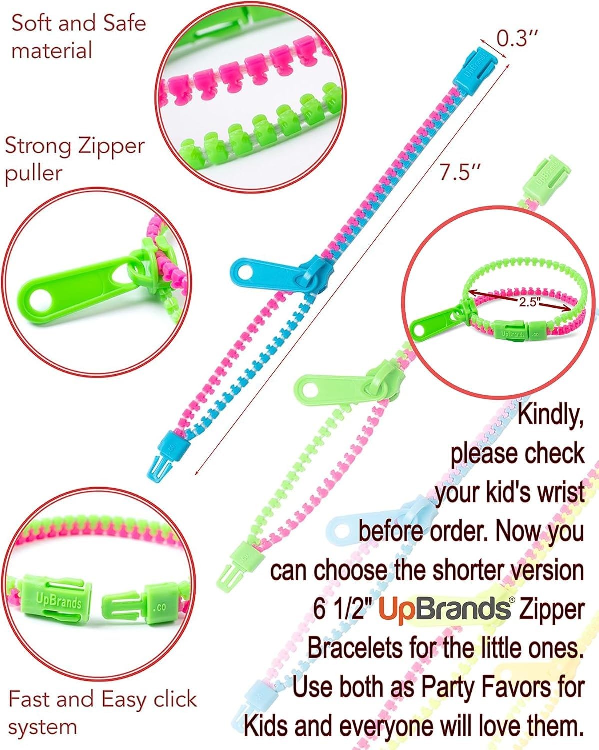 UpBrands 24 Pack Fidget Zipper Bracelets 7.5in Multicolor Sensory Toy Kids