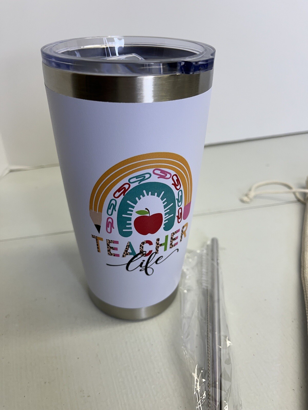 ZZkol Teacher Travel Insulated Tumbler Lid Straw 20 oz & School Wine Gift Bag