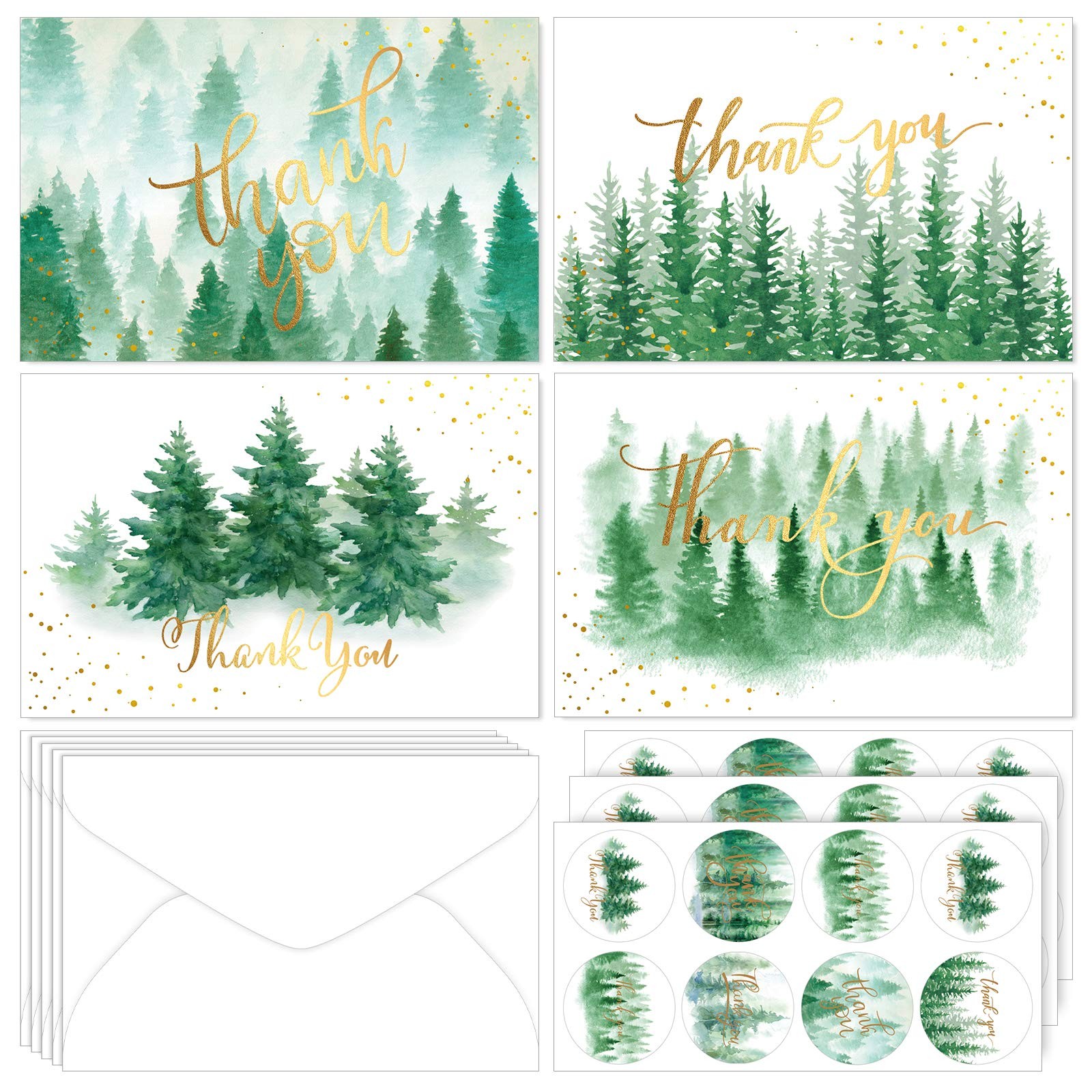 Whaline 32 Pack Christmas Forest Thank You 6 x 8 inches, white and green