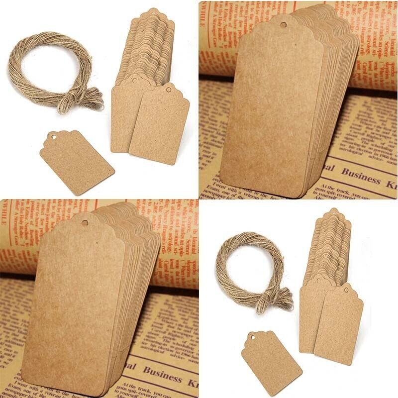 100pcs Paper Tags + Wedding Kraft Label Luggage Brown Gift Strings Scallop Blank