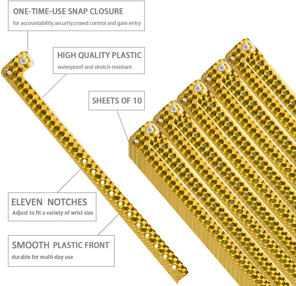 Holographic Plastic Wristbands Gold – 100 Pack Wristbands for Events Parties