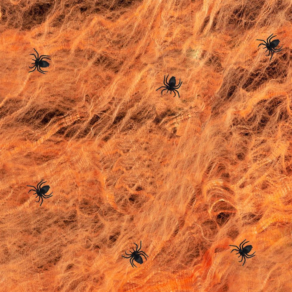 Halloween Room Decoration – Orange Spider Web 6 Plastic Spiders