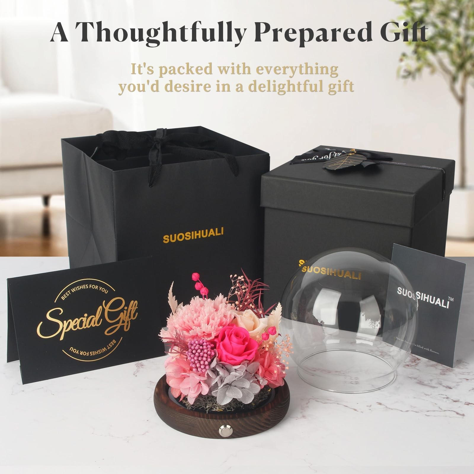 Gifts for Mom, Pink Preserved Flowers with Carnations and Roses in Glass Dome…