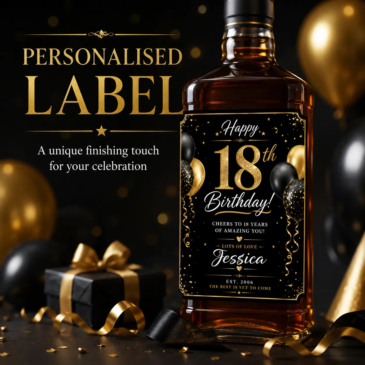 Personalised 18th Birthday Bottle Label Sticker Custom Wine Gift Black Gold