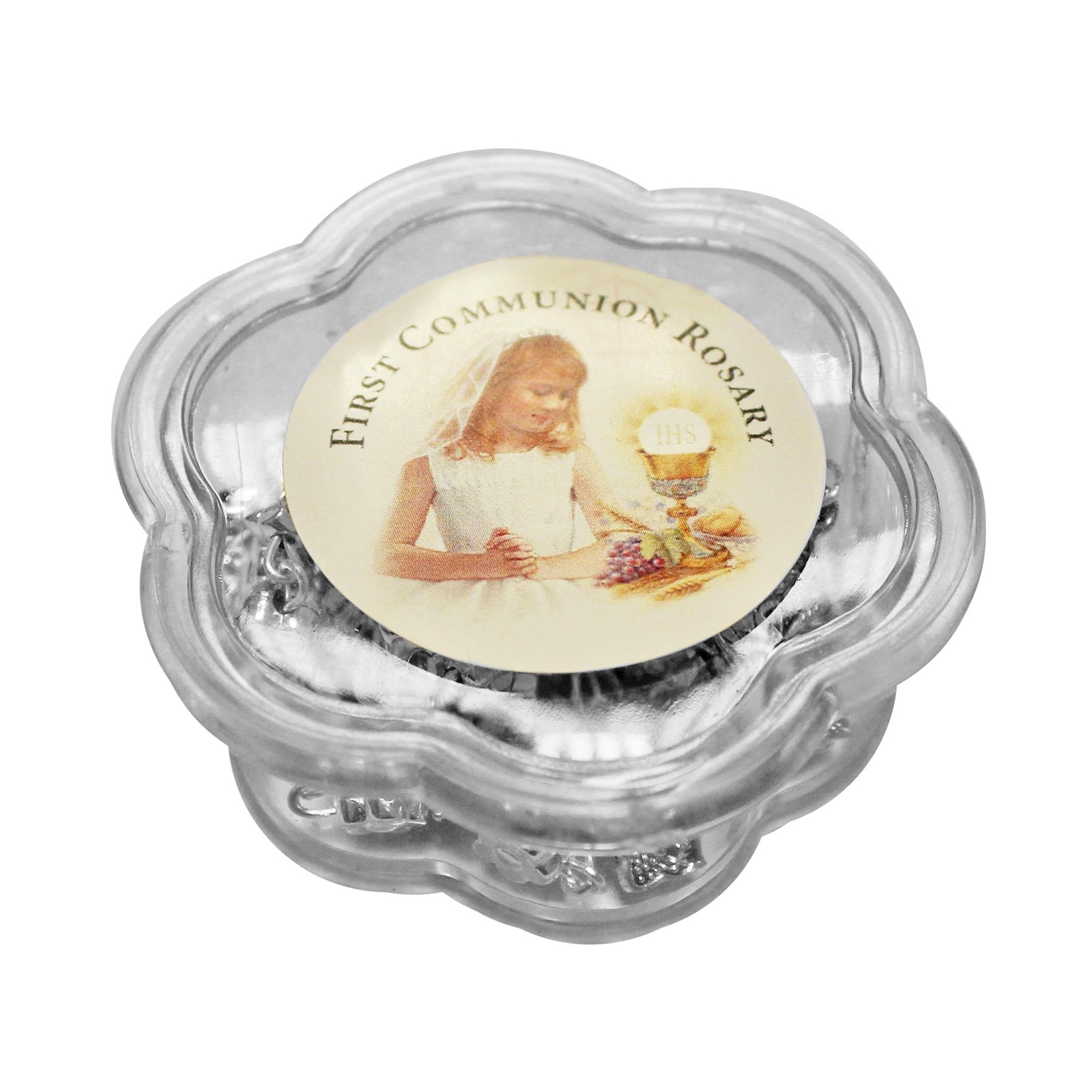 First Holy Communion Silver Flower Rosary Beads in Plastic Pot