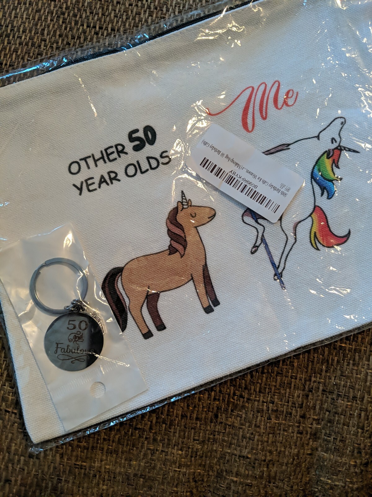 50th Birthday Makeup Bag & Key chain Set UNICORN (Rainbow) Fabulous gift