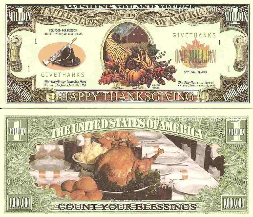 Happy Thanksgiving Cornucopia Dollar Bills x2 Gift Blessings Mayflower Plymouth