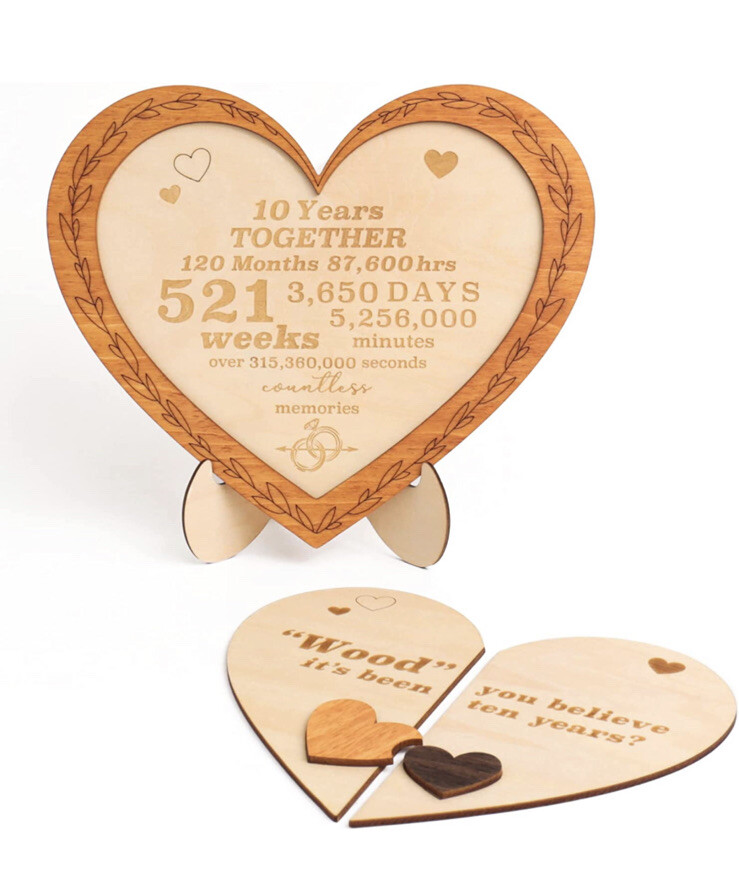 10 Year Wedding Anniversary Wooden Heart Plaque Gift Her, Him, Married Couple