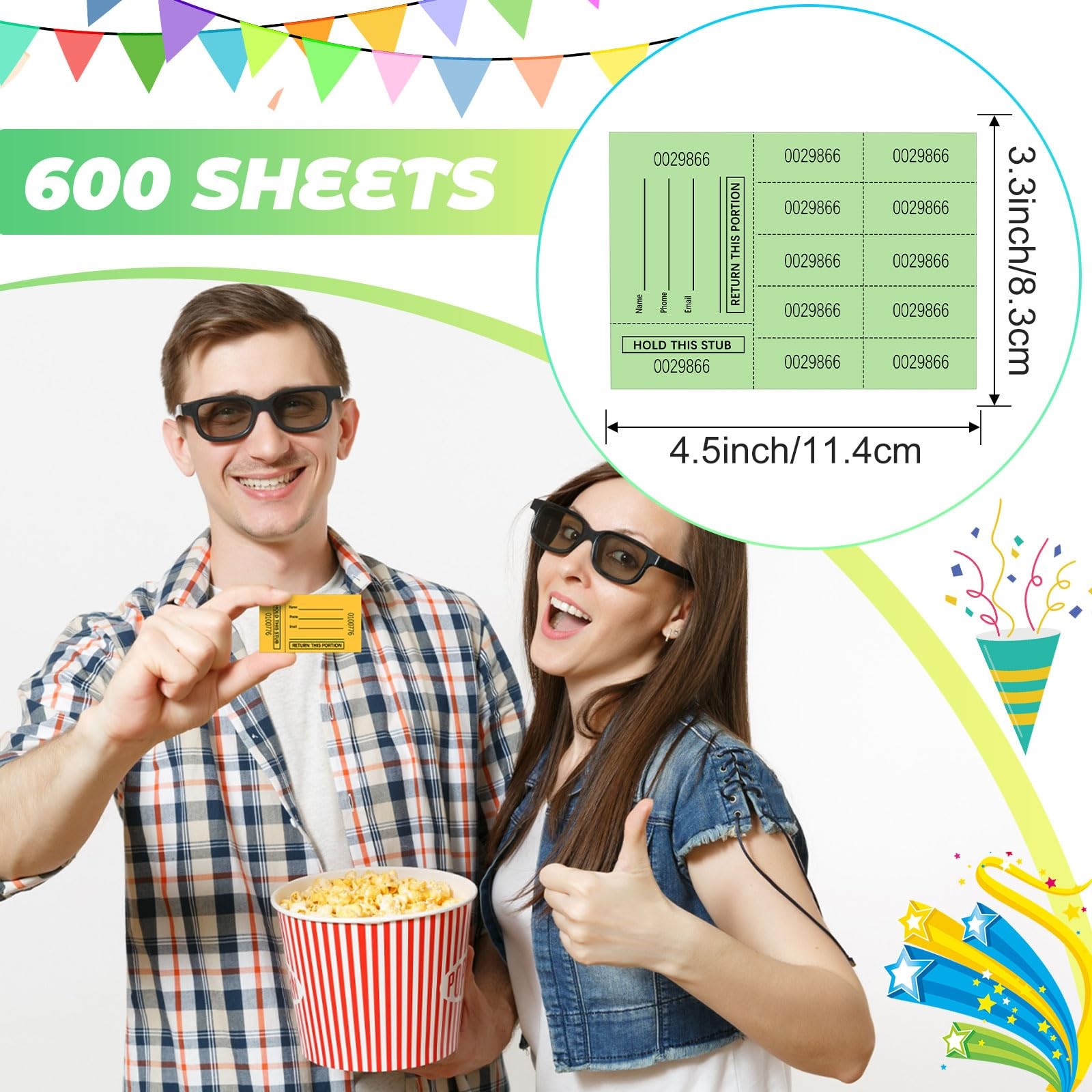 600 Sheets Raffle Ticket Sheet Multicolor 10 Bid Numbers 3.3×4.5 Inch