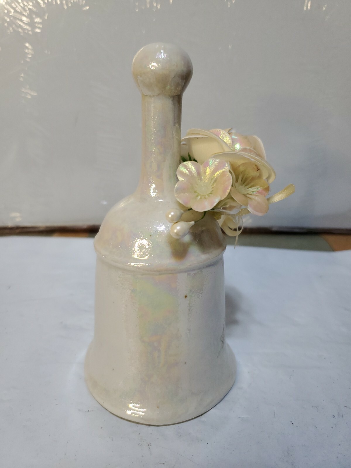 Vintage Wedding Opalescent White Porcelain Bell 2in Handle 5.5″ x 3in Floral