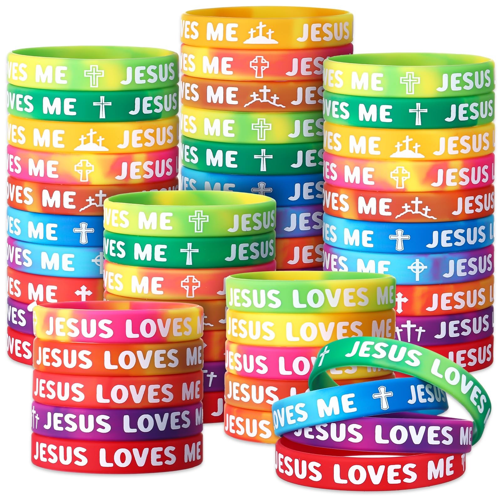 150 Pcs Jesus Loves Me Wristbands Bulk 10 Styles Rainbow Religious Silicone B…