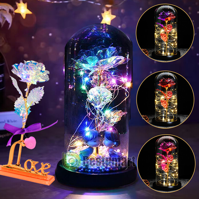 Crystal Eternal Galaxy Rose Flower LED Light Glass In Dome Gifts for Her Lovers