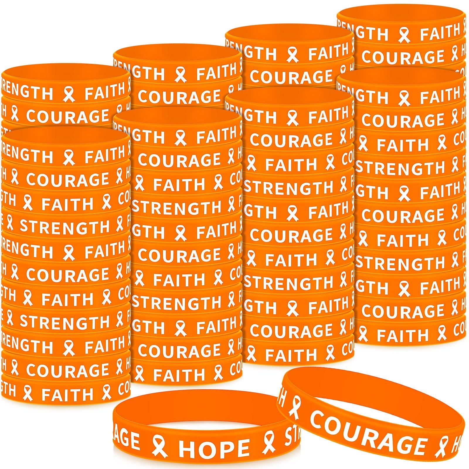 100 Pcs Orange Ribbon Awareness Silicone Bracelets for Leukemia Kidney Cancer