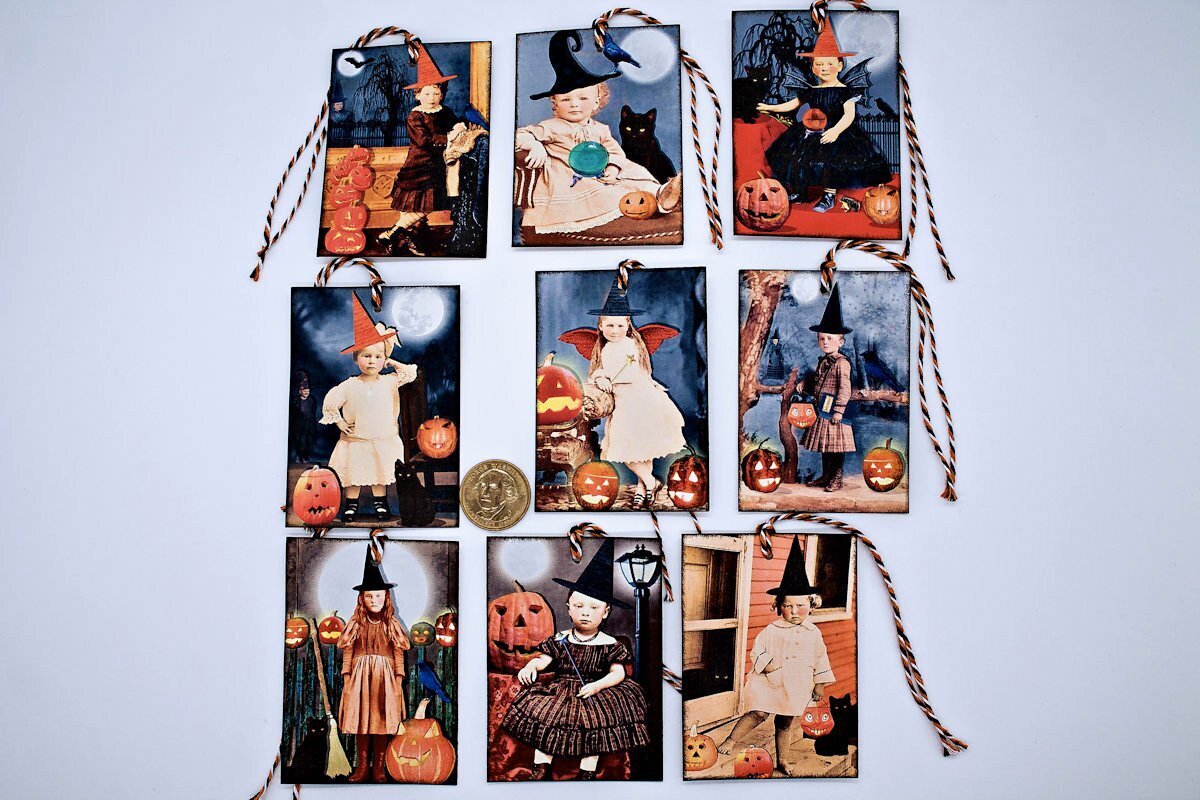 9~Halloween~Vintage~Children~Witch~Linen Cardstock~Gift~Hang~Tags