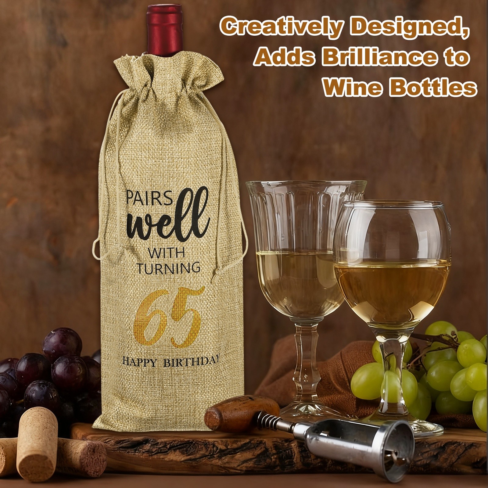 6 x 14 Inch 65th Birthday Gift Wine Bottle Bag with Drawstring, Beige