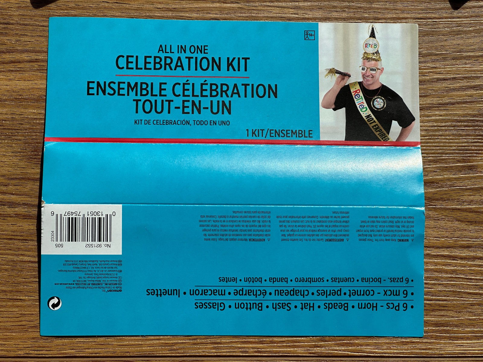 6 Piece Retirement Celebration Party Kit (Horn-Hat-Sash-Button-Glasses-Beads)