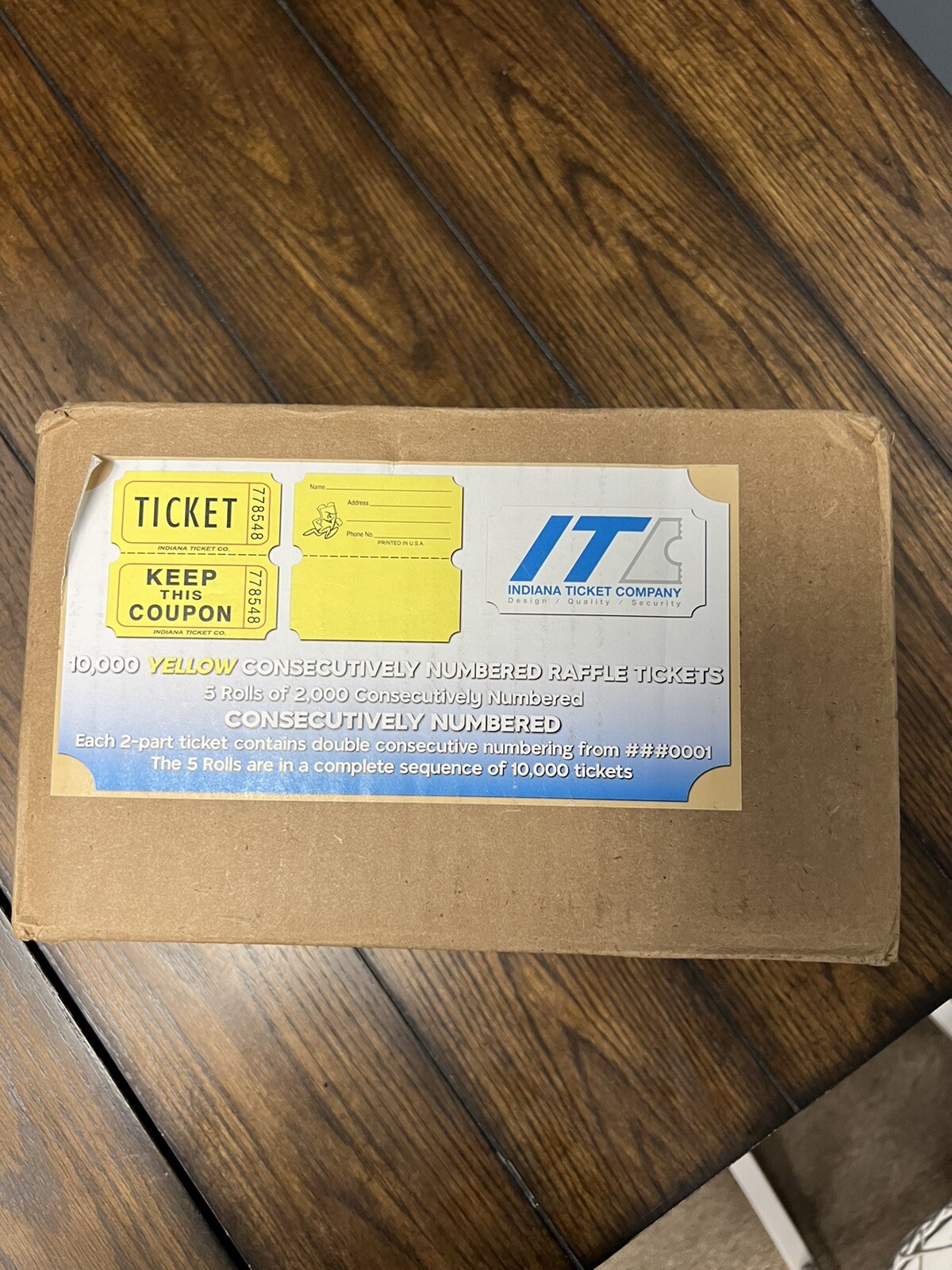INDIANA TICKET CO. 10,000 Yellow CONSECUTIVELY Numbered Raffle Tickets. 5 Rolls