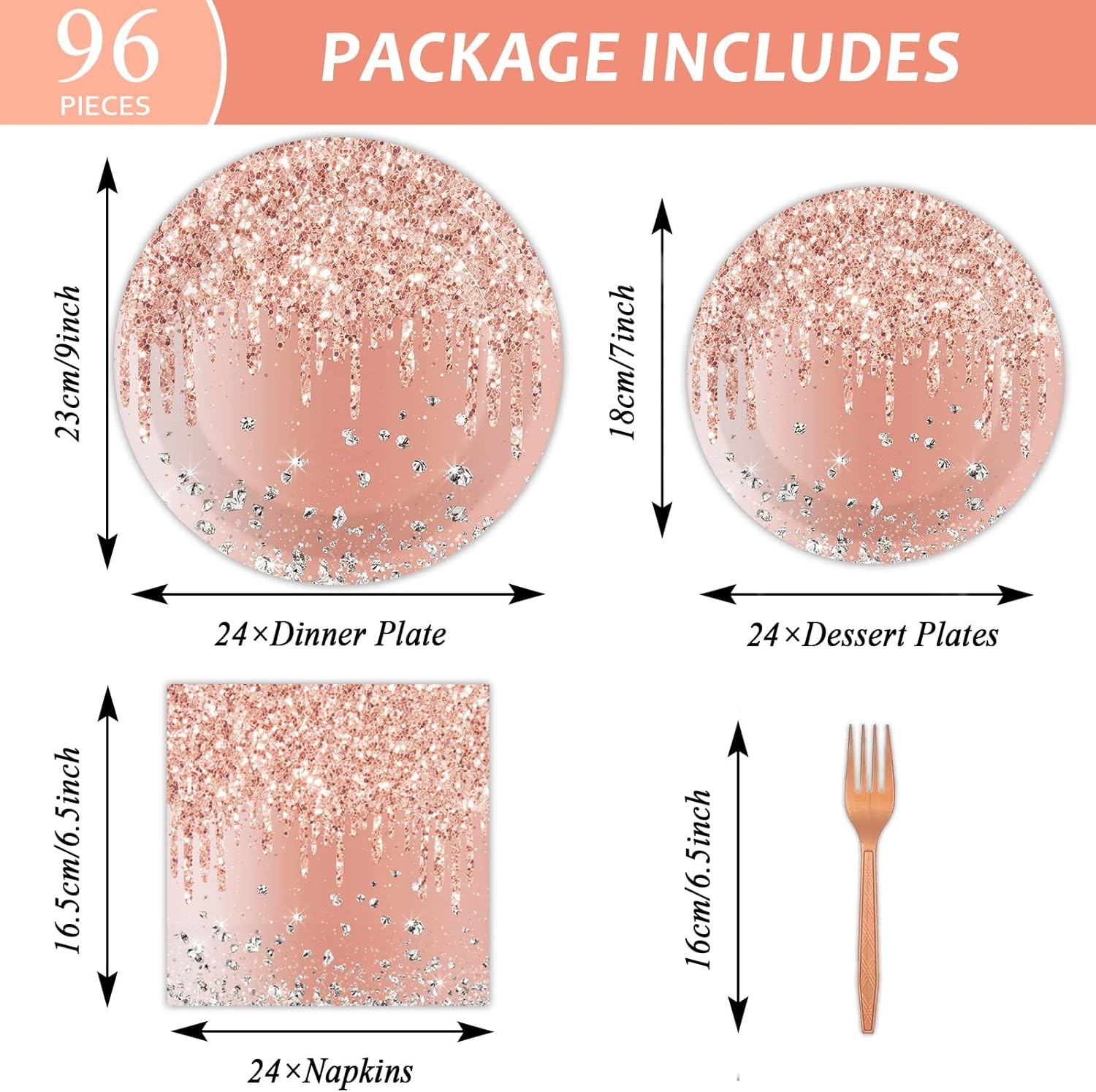 Birthday Tableware Set Pink Rose Gold Disposable Plates Napkins Forks 24 Guests