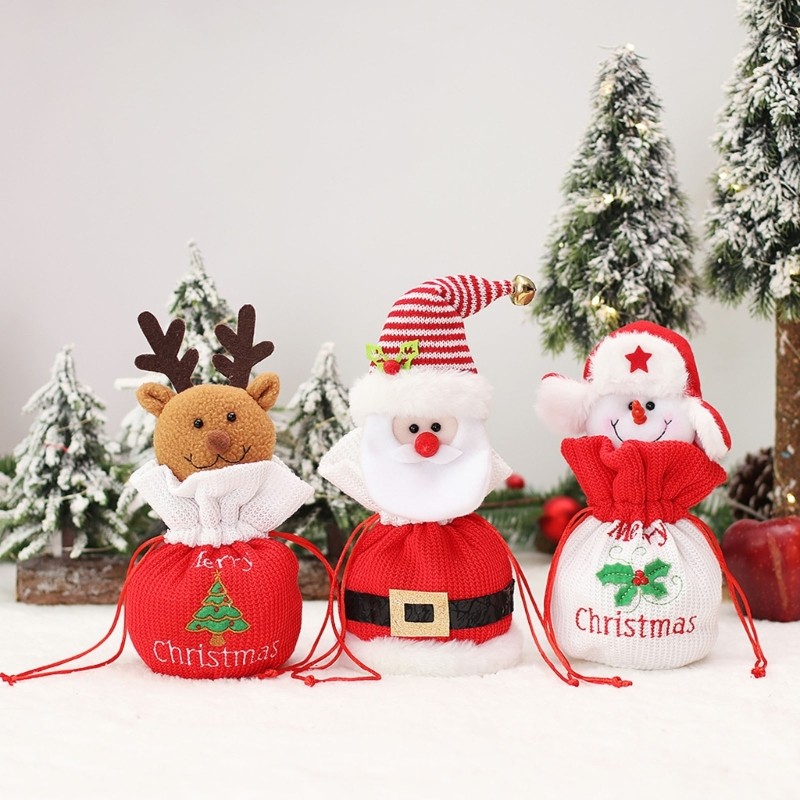 Christmas Candy Bag Knit Dolls Decorations Drawstring Cookie Box for Holiday