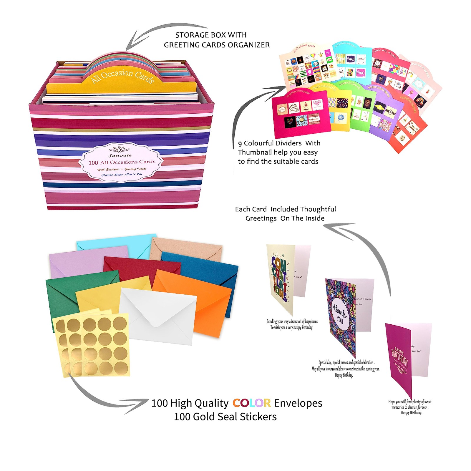 Janvale 100 All Occasion Cards Assortment Box with Color 5*7 inch, Multi