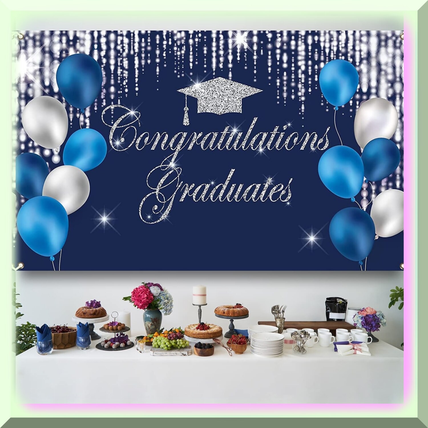 Graduation Party Backdrop Blue Silver 6×3.6 ft