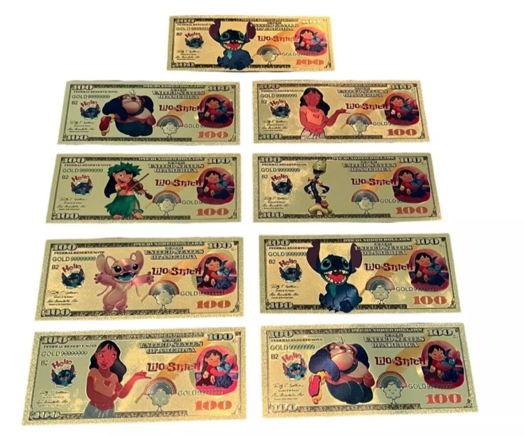24k Gold Foil Plated Lilo and Stitch Banknote – Set of 9 Disney Party Favors