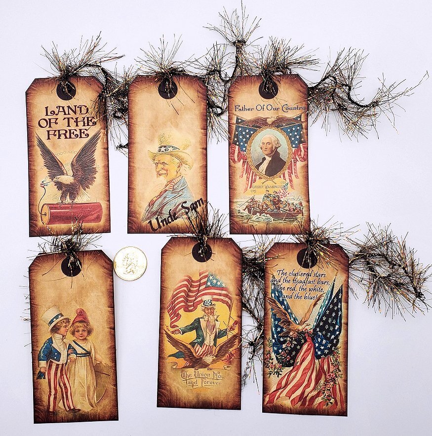 6-4th Of July-Patriotic-Handmade-Linen Cardstock-Gift-Hang-Tags
