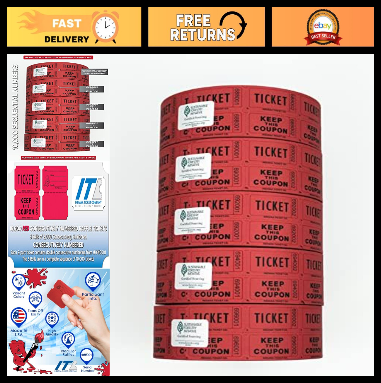 10,000 Consecutively Numbered Raffle Tickets – 5 Rolls for Events, Fundraisers,