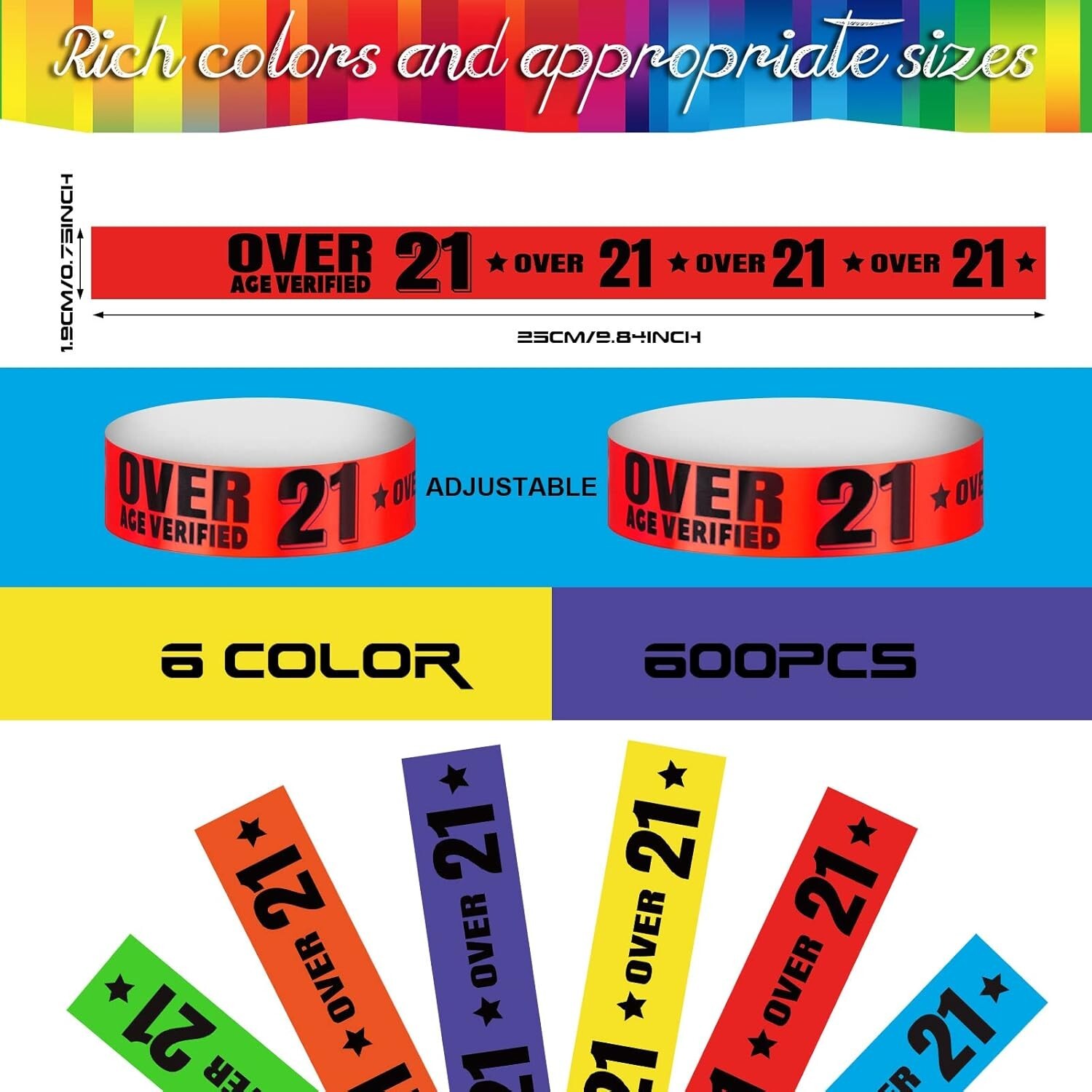 600 Pcs Over 21 Wristbands for Events Colored Waterproof Wrist Bands Paper Wr…
