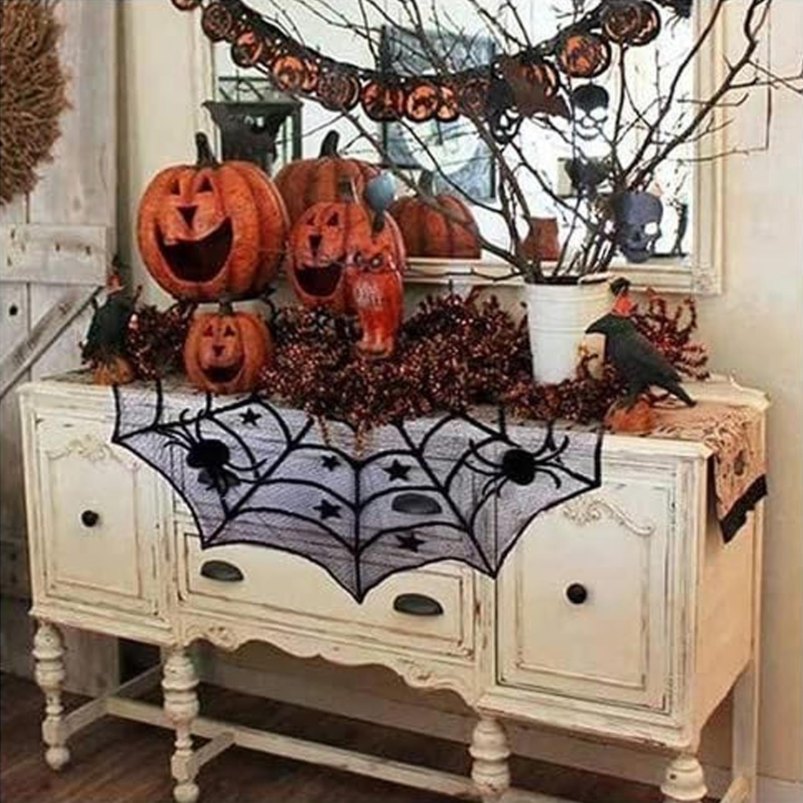 Halloween 100cm Spider Web Lace Tablecloth Black Round Topper Party Decoration