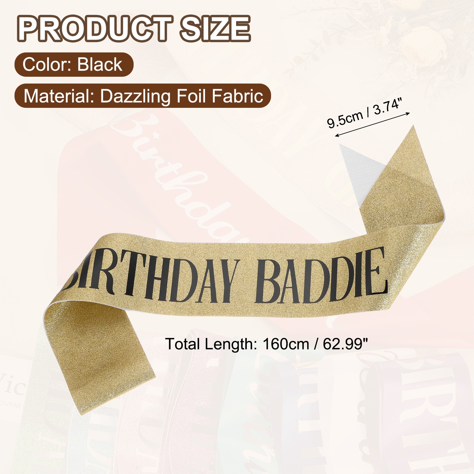 Birthday Baddie Sash with Pin Black Lettering for Party, Gold