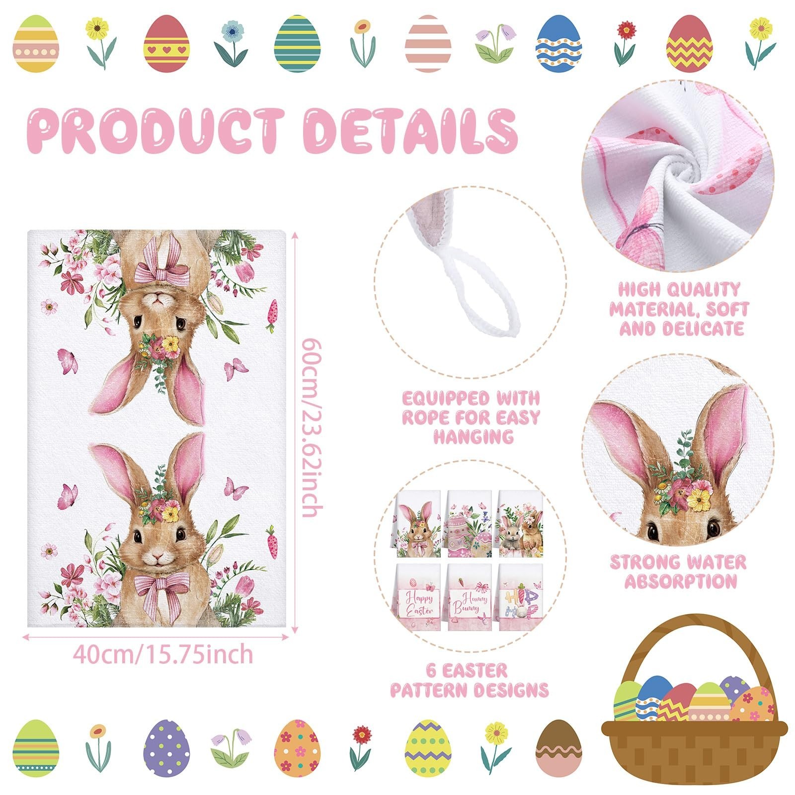 Hosuly 6 Pcs Easter Kitchen Towels Bunny Hand Tea Towels Lovely Bunny Egg Dis…