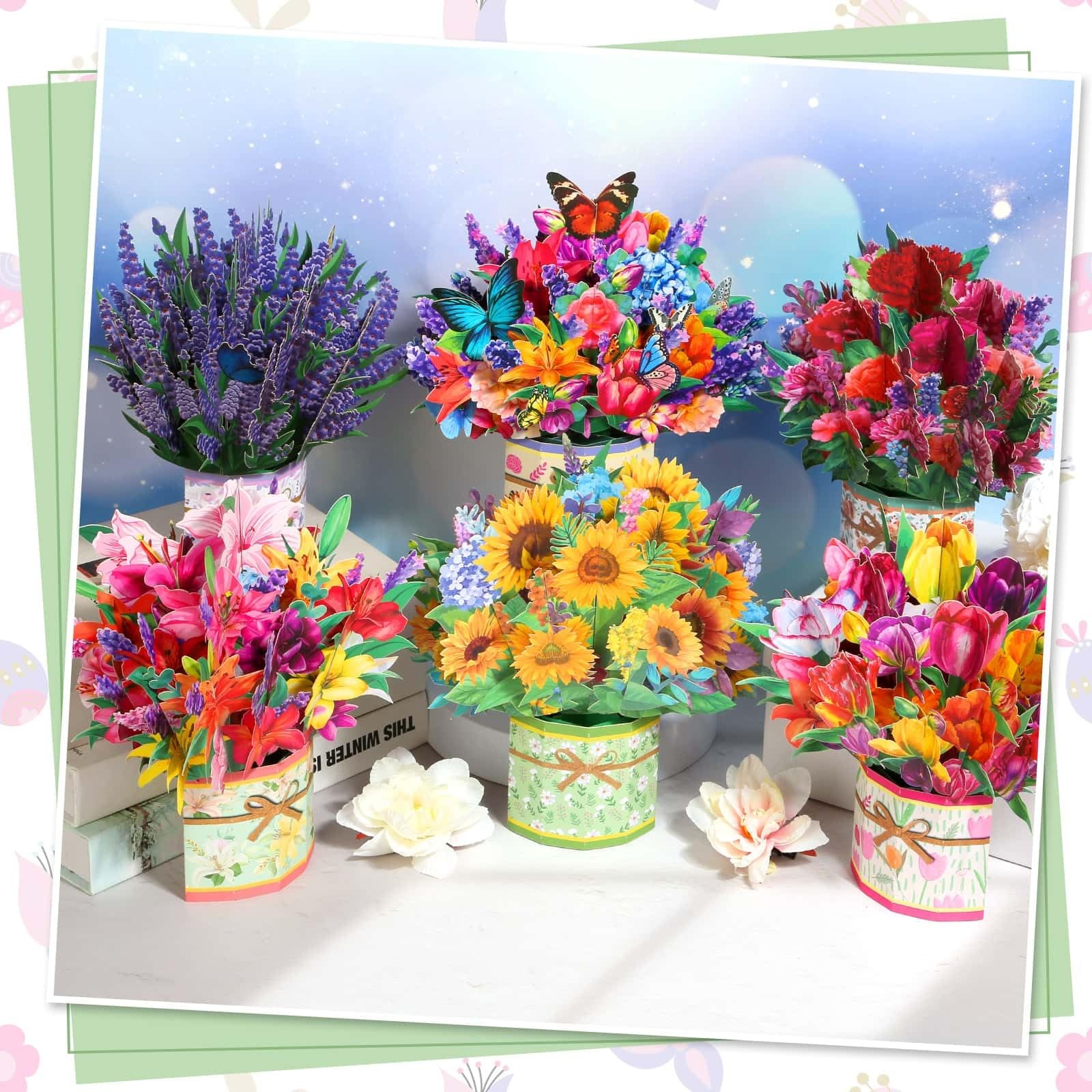6 Pack Paper Flower Pop Up Cards, Bouquet Card 8.5×9 inches, Color 1