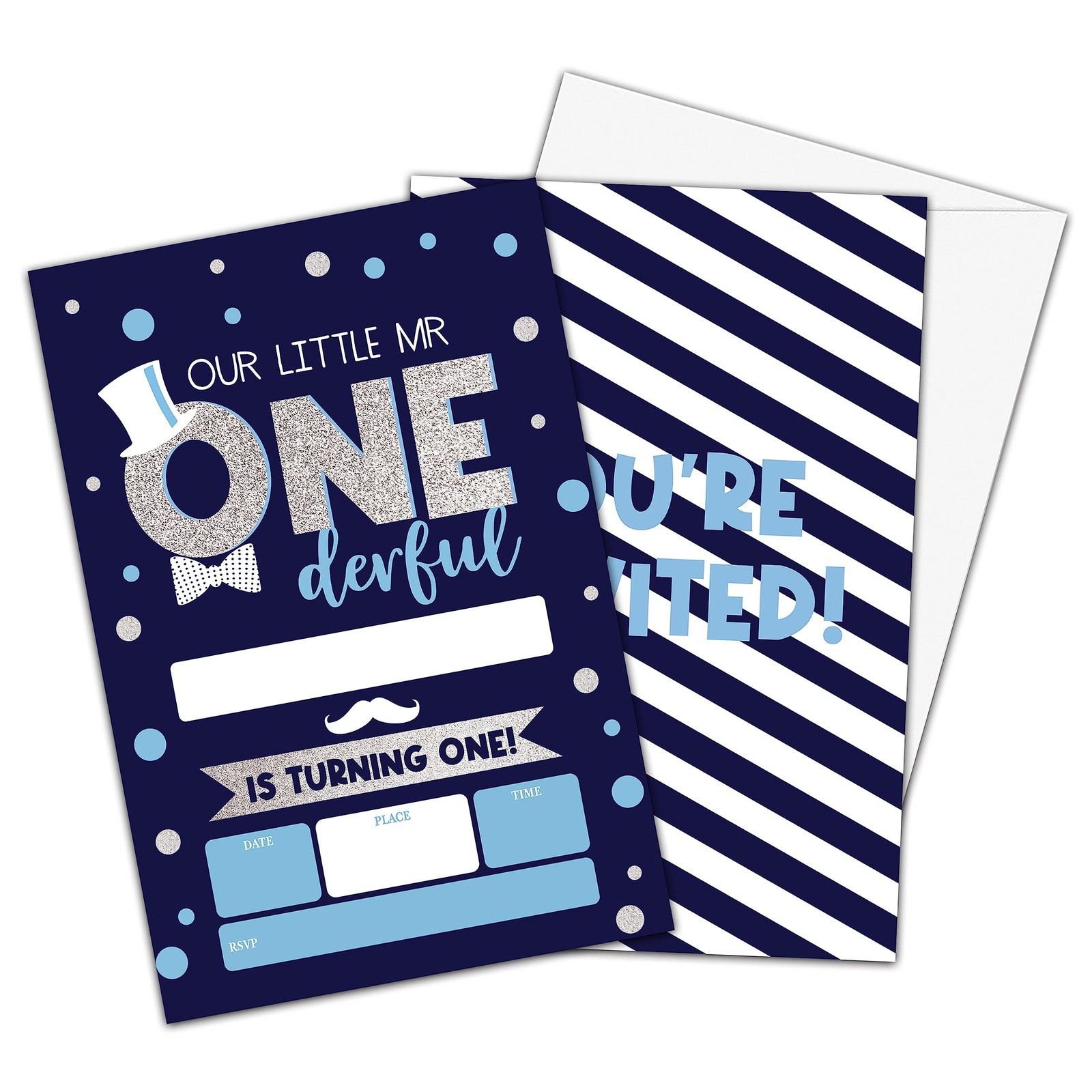 OZTEMETY Mr Onederful Birthday Invitations For Boys, Little Man First blue