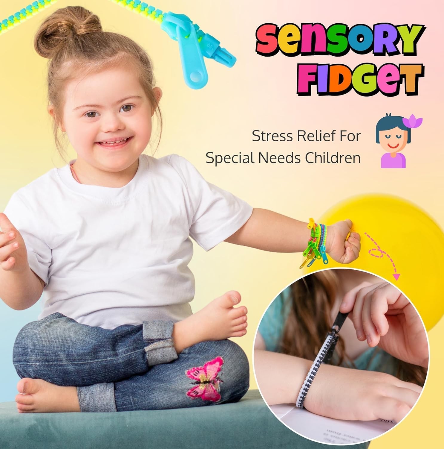 UpBrands 24 Pack Fidget Zipper Bracelets 7.5in Multicolor Sensory Toy Kids