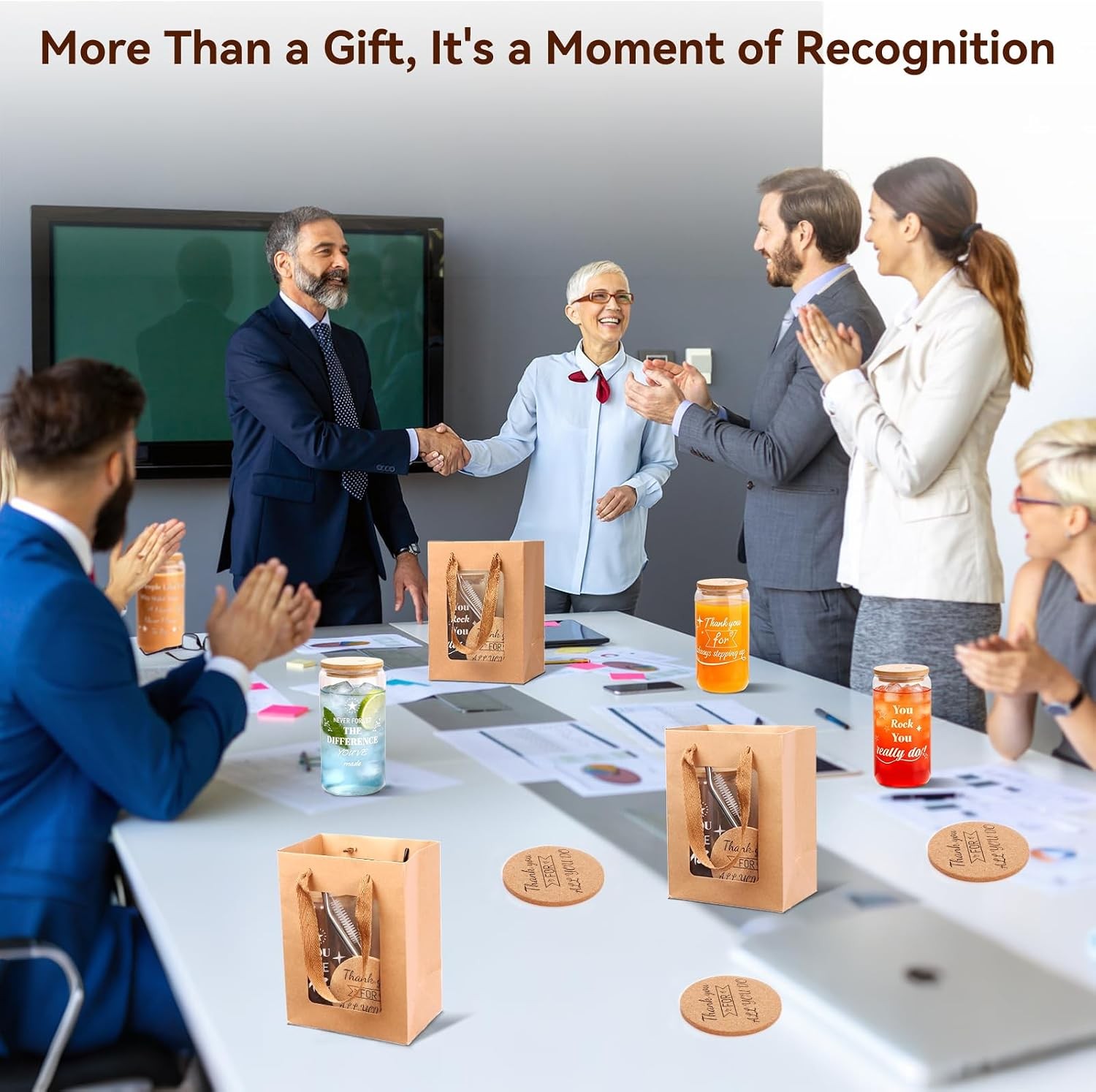 40 Pcs/8 Sets Employee Appreciation Gifts Glass Cups with Coasters, Straws,