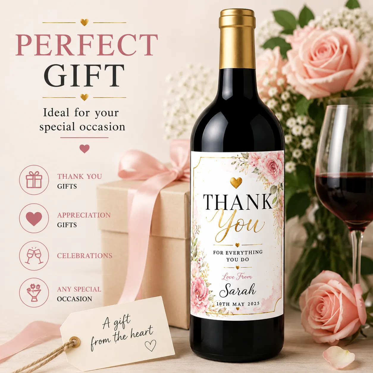 Personalised Thank You Gift Bottle Label Sticker Custom Wine Champagne Present