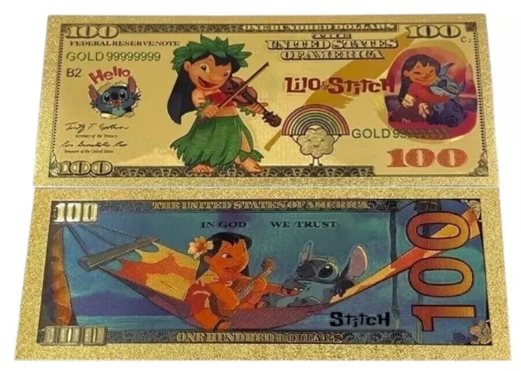 24k Gold Foil Plated Lilo and Stitch Banknote – Set of 9 Disney Party Favors